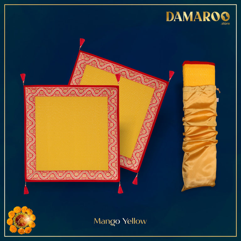 Damaroo Set of 2 | 2x2 ft | Graceful Nylon Pooja Aasan | Red & Subtle Golden Trim & Tassels - Mango Yellow - 2x2 ft - 24x24 inch