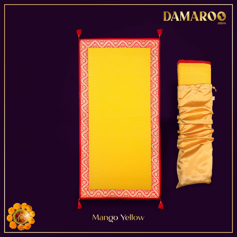 Damaroo 2x4 ft | Graceful Nylon Pooja Couple Mat | Red & Subtle Golden Trim & Tassels - Mango yellow - 2x4 ft - 24 x 48 inch