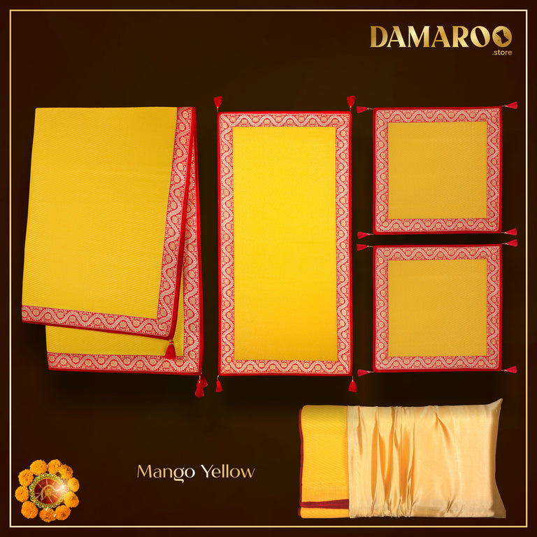Damaroo Combo Pack of 4 | Graceful Nylon Pooja Aasan & Mat | Red & Subtle Golden Trim & Tassels - Mango Yellow - 2x2 ft, 2x4 ft & 4x6 ft