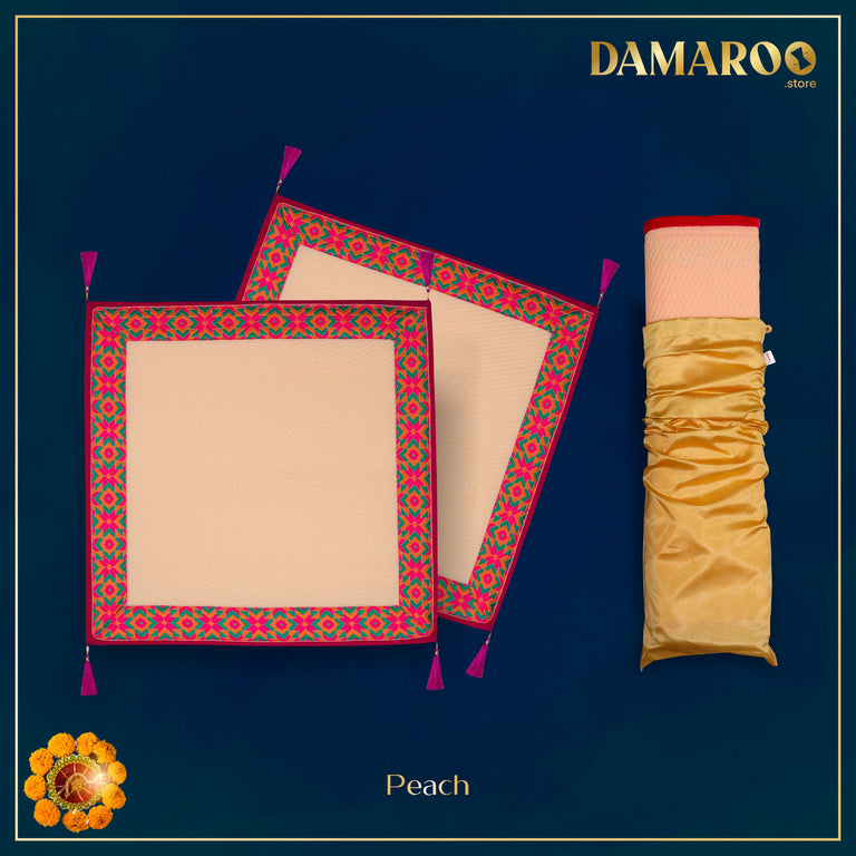 Damaroo Set of 2 | 2x2 ft | Ornate Nylon Aasan | Jacquard Pink Trim & Tassels - Peach - 2x2 ft - 24x24 inch