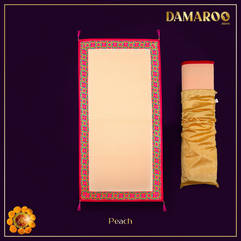 Damaroo 2x4 ft | Ornate Nylon Pooja Couple Mat | Jacquard Pink Trim & Tassels - Peach - 2x4 ft - 24 x 48 inch