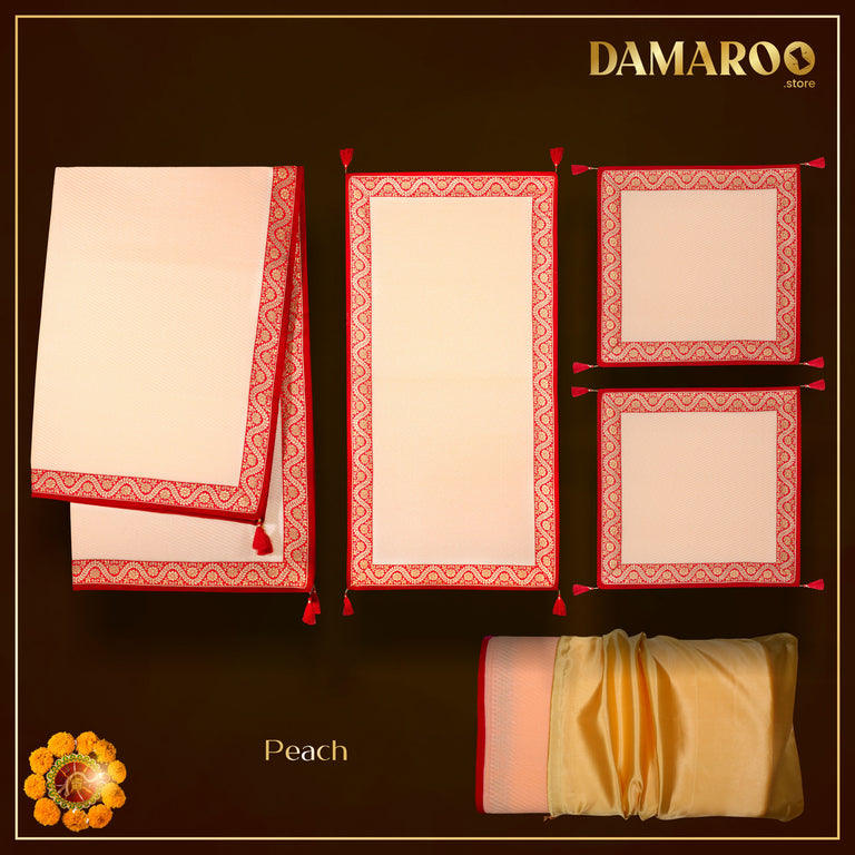 Damaroo Combo Pack of 4 | Graceful Nylon Pooja Aasan & Mat | Red & Subtle Golden Trim & Tassels - Peach - 2x2 ft, 2x4 ft & 4x6 ft
