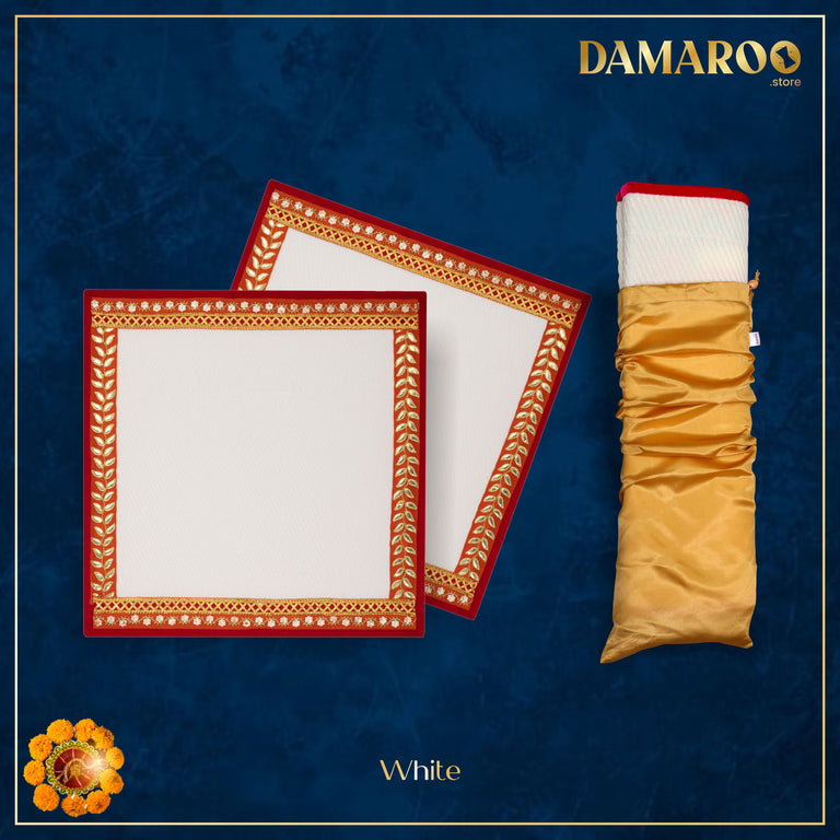 Damaroo Set of 2 | 2x2 ft | Majestic Nylon Pooja Aasan | Orange Sequins & Gotapatti Border - White - 2x2 ft - 24x24 inch