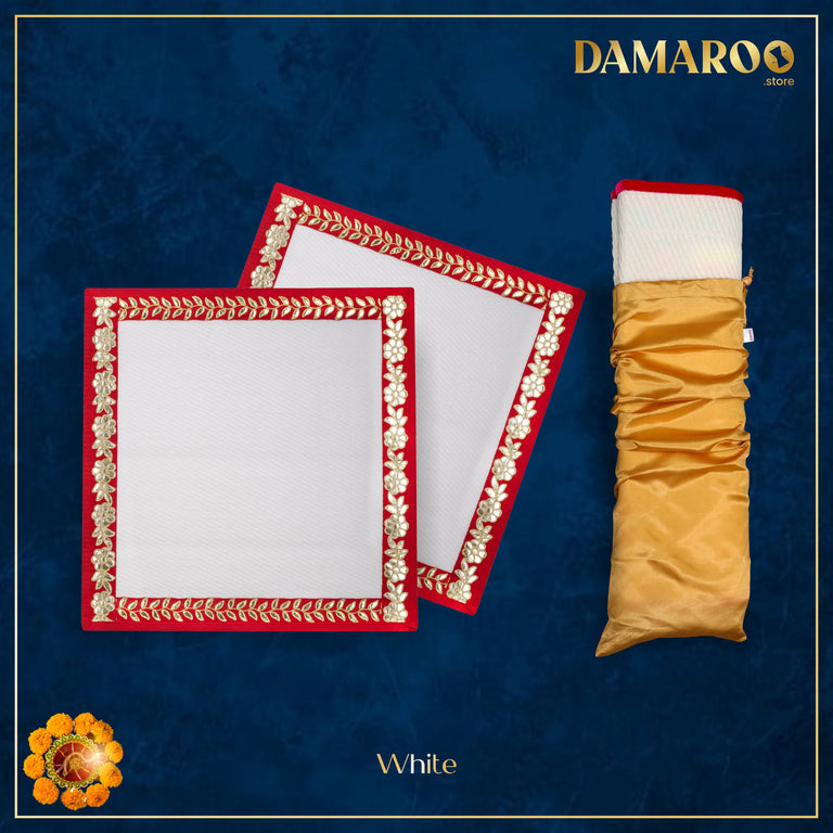 Damaroo Set of 2 | 2x2 ft | Classic Nylon Pooja Aasan | Red Gotapatti Border - White - 2x2 ft - 24x24 inch