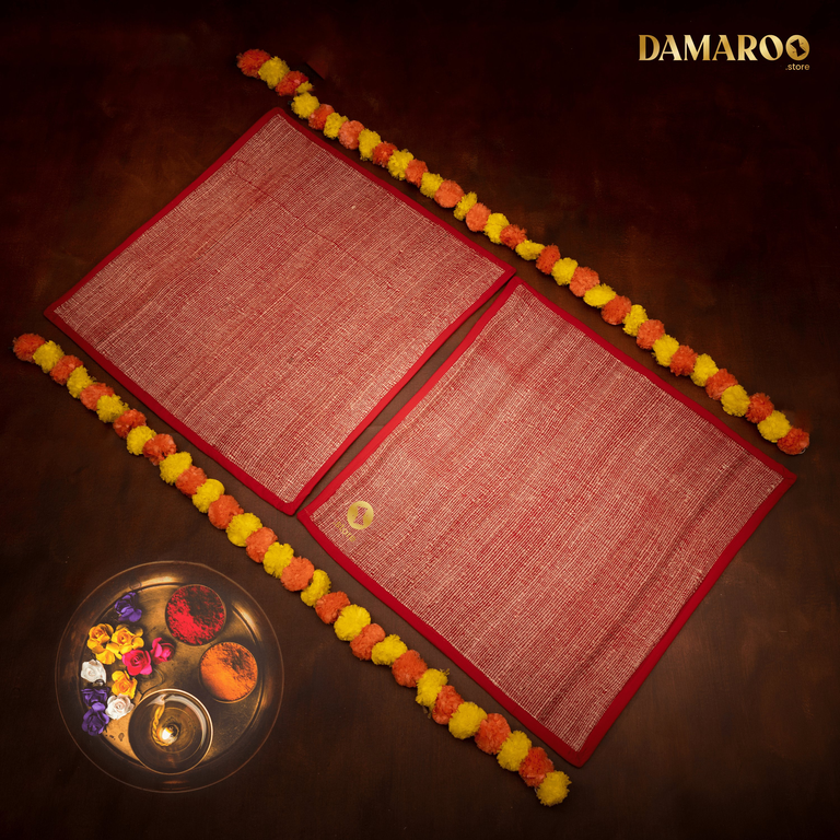Damaroo Set of 2 | 2x2 ft | Haldi-Kumkum Anti Skid Banana Fiber Pooja Aasan - Kumkum Red - 2x2 ft - 24x24 inch