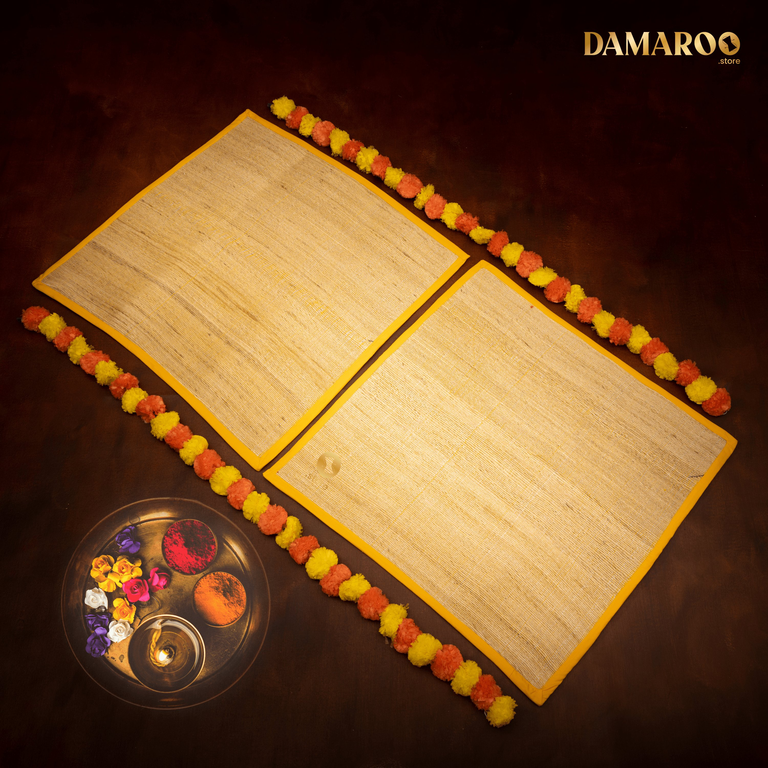Damaroo Set of 2 | 2x2 ft | Haldi-Kumkum Anti Skid Banana Fiber Pooja Aasan - Turmeric Yellow - 2x2 ft - 24x24 inch
