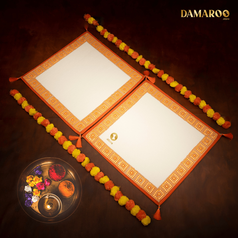 Damaroo Set of 2 | 2x2 ft | Artisanal Nylon Pooja Aasan | Kesariya Trim & Tassels - Cream - 2x2 ft - 24x24 inch