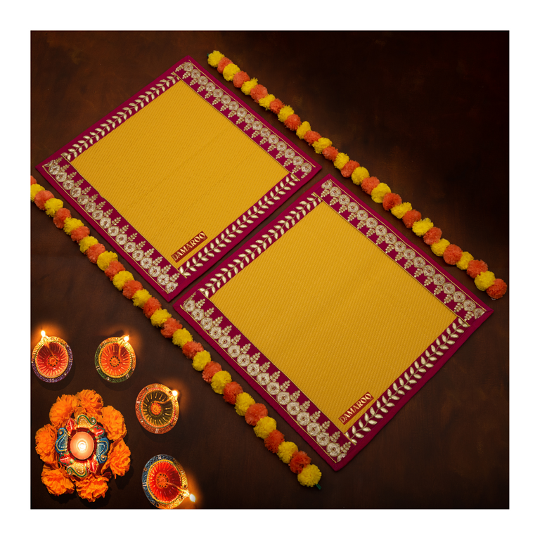 Damaroo Set of 2 | 2x2 ft | Regal Nylon Pooja Aasan Set | Pink Sequins & Gotapatti Border - Mango Yellow - 2x2 ft - 24x24 inch