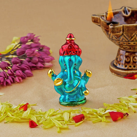 Estele Gold-Polished God of beginnings Lord Ganesha Idol with multi-color Stone Type:Enamel for Gifts & HouseWarming/Home/Office Decors