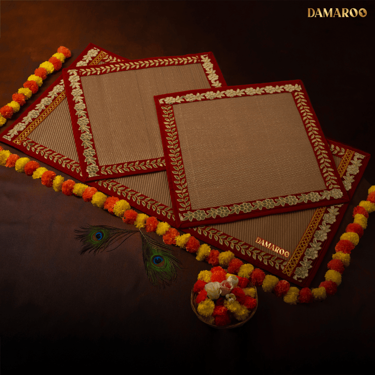 Damaroo Combo Pack of 3 | Classic Nylon Pooja Aasan & Mat | Red Gotapatti Border - Golden - 2x2 ft & 2x4 ft