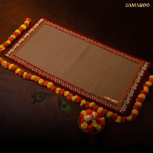 Damaroo 2x4 ft | Classic Nylon Pooja Couple Mat | Red Gotapatti Border - Golden - 2x4 ft - 24 x 48 inch