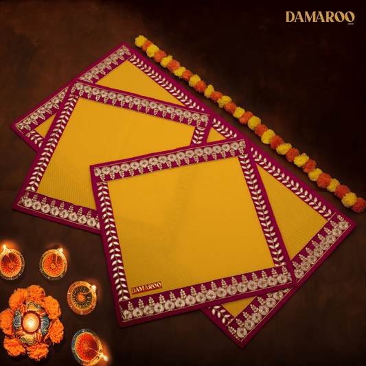 Damaroo Combo Pack of 3 | Regal Nylon Pooja Aasan & Mat | Pink Sequins & Gotapatti Border - Mango Yellow - 2x2 ft & 2x4 ft
