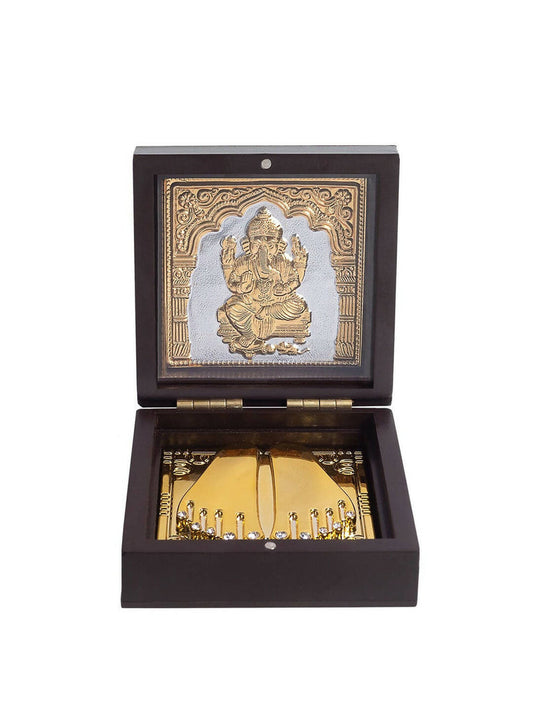 Golden Peacock Brown Wooden Ganesha Prayer Box