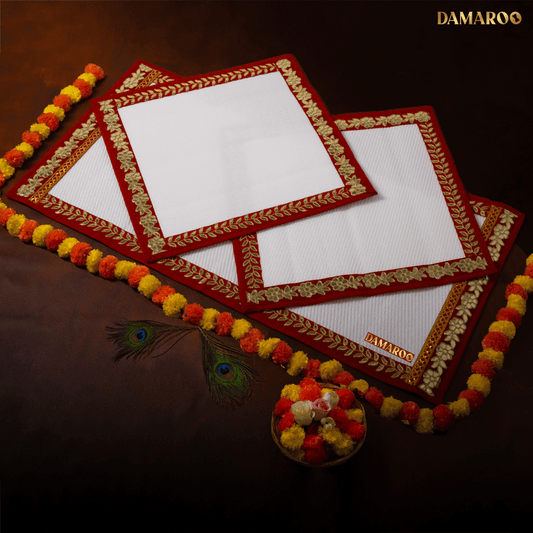 Damaroo Combo Pack of 3 | Classic Nylon Pooja Aasan & Mat | Red Gotapatti Border - White - 2x2 ft & 2x4 ft