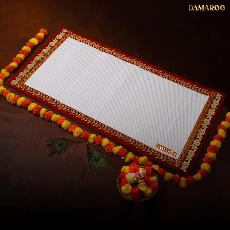 Damaroo 2x4 ft | Classic Nylon Pooja Couple Mat | Red Gotapatti Border - White - 2x4 ft - 24 x 48 inch