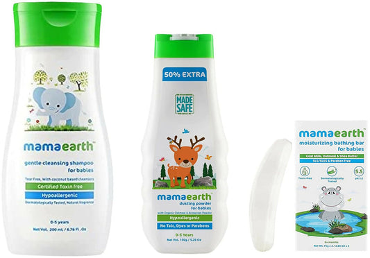Mamaearth Moisturizing Baby Bathing Soap Bars & Dusting Powder & Gentle Cleansing Baby Shampoo - combo