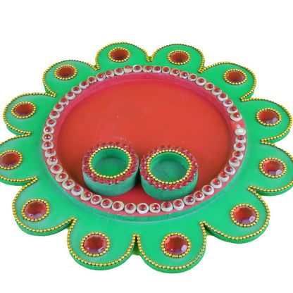 Kundan HandiKrafts Mdf Flower Pooja Thali - Green 01