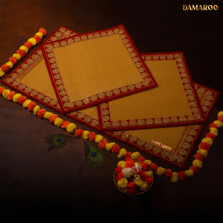 Damaroo Combo Pack of 3 | Elegant Nylon Pooja Aasan & Mat | Red Sequins Border - Golden Husk - 2x2 ft & 2x4 ft