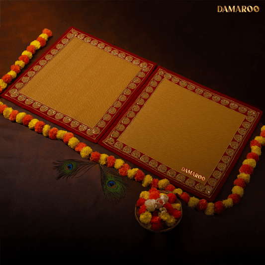 Damaroo Set of 2 | 2x2 ft | Elegant Nylon Pooja Aasan | Red Sequins Border - Golden Husk - 2x2 ft - 24x24 inch