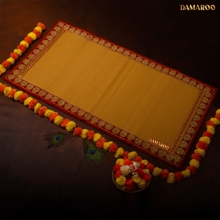 Damaroo 2x4 ft | Elegant Nylon Pooja Mat | Red Sequins Border - Golden Husk - 2x4 ft - 24x48 inch