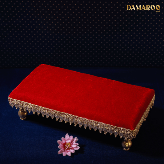Damaroo 10x4 inch | Sacred Serenity Small Chowki / Bajot for Murti | Velvety Golden Frill - Kumkum Red - 10x4x2 inch