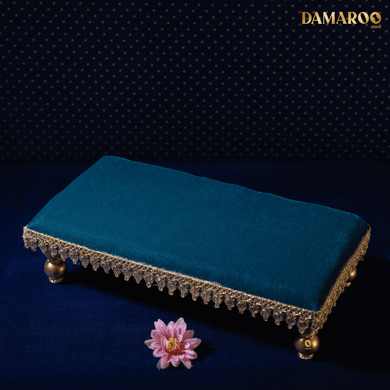 Damaroo 10x4 inch | Sacred Serenity Small Chowki / Bajot for Murti | Velvety Golden Frill - Peacock Blue - 10x4x2 inch
