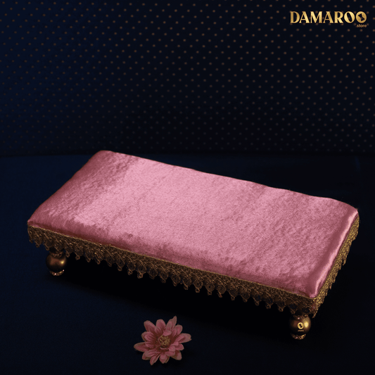 Damaroo 10x4 inch | Silken Splendor Small Pooja Chowki for God | Silk & Golden Frill - Peach - 10x4x2 inch