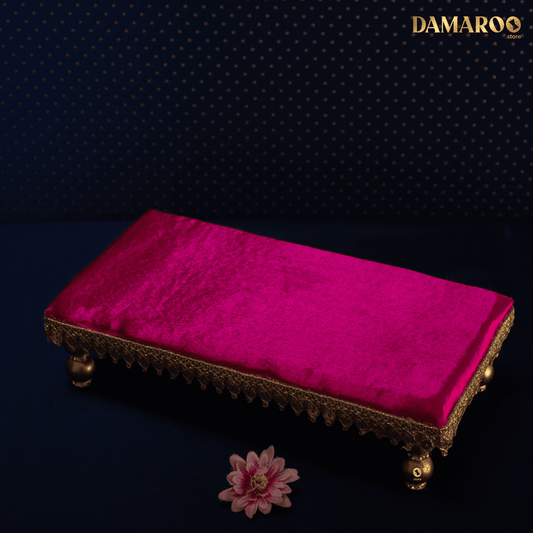 Damaroo 10x4 inch | Silken Splendor Small Pooja Chowki for God | Silk & Golden Frill - Magenta - 10x4x2 inch