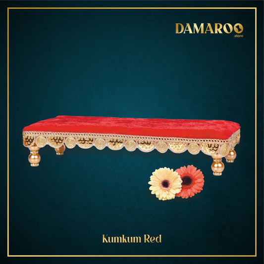 Damaroo 8x4 inch | Bhakti Bliss Small Pooja Chowki / Bajot | Velvety Round Golden Frill - Kumkum Red - 8x4x2 inch