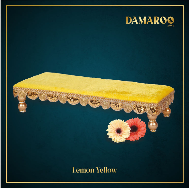 Damaroo 8x4 inch | Bhakti Bliss Small Pooja Chowki / Bajot | Velvety Round Golden Frill - Lemon Yellow - 8x4x2 inch