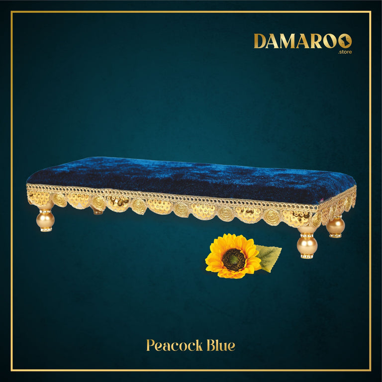Damaroo 10x4 inch | Bhakti Bliss Small Pooja Chowki / Bajot | Velvety Round Golden Frill - Peacock Blue - 10x4x2 inch