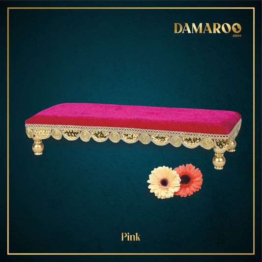 Damaroo 10x4 inch | Bhakti Bliss Small Pooja Chowki / Bajot | Velvety Round Golden Frill - Pink - 10x4x2 inch