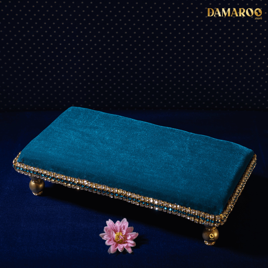 Damaroo 8x4 inch | Divine Harmony Small Pooja Chowki Deity Idol | Glitter of Glass Stones - Peacock Blue - 8x4x2 inch