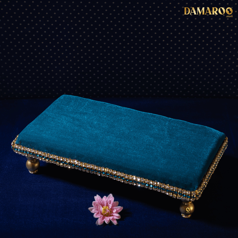 Damaroo 10x4 inch | Divine Harmony Small Pooja Chowki Deity Idol | Glitter of Glass Stones - Peacock Blue - 10x4x2 inch