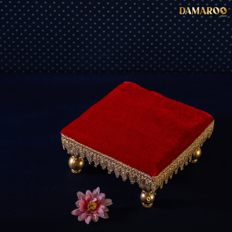 Damaroo 4x4 inch | Sacred Serenity Small Chowki / Bajot for Murti | Velvety Golden Frill - Kumkum Red - 4x4x2 inch