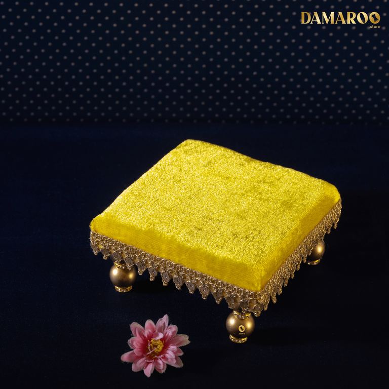 Damaroo 4x4 inch | Sacred Serenity Small Chowki / Bajot for Murti | Velvety Golden Frill - Lemon Yellow - 4x4x2 inch