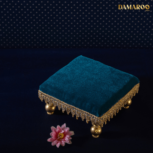 Damaroo 4x4 inch | Sacred Serenity Small Chowki / Bajot for Murti | Velvety Golden Frill - Peacock Blue - 4x4x2 inch
