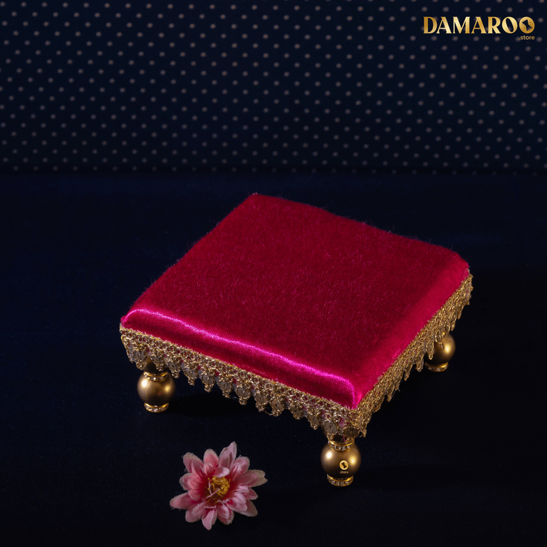Damaroo 4x4 inch | Silken Splendor Small Pooja Chowki for God | Silk & Golden Frill - Magenta - 4x4x2 inch