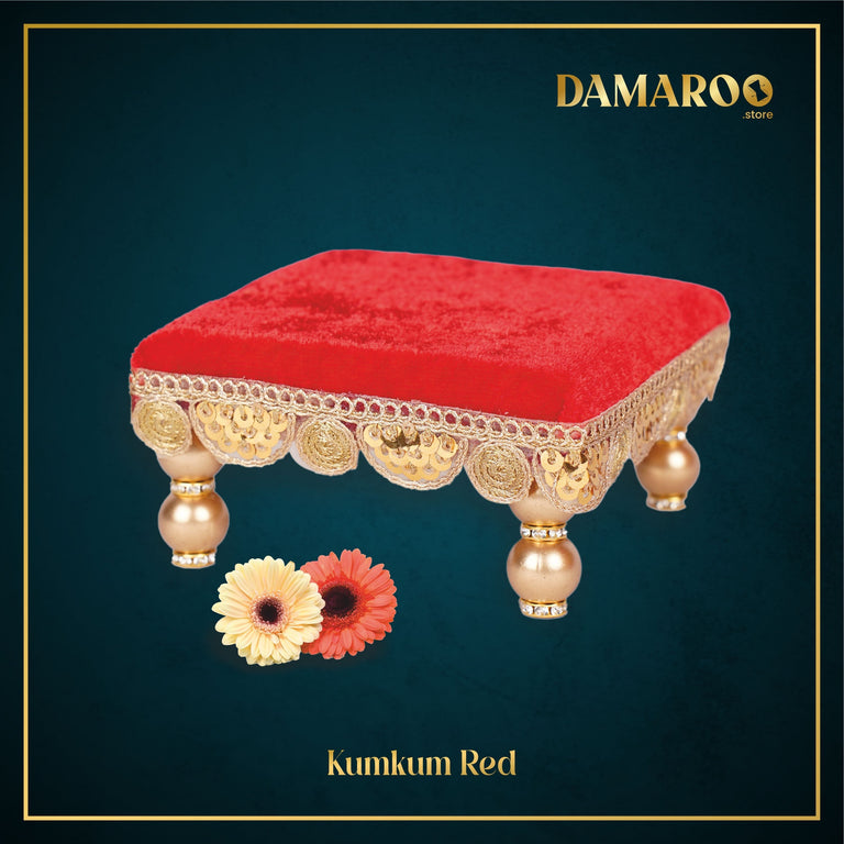 Damaroo 4x4 inch | Bhakti Bliss Small Pooja Chowki / Bajot | Velvety Round Golden Frill - Kumkum Red - 4x4x2 inch