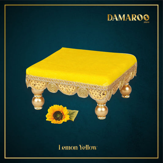 Damaroo 4x4 inch | Bhakti Bliss Small Pooja Chowki / Bajot | Velvety Round Golden Frill - Lemon Yellow - 4x4x2 inch