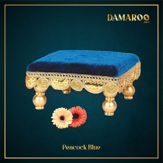 Damaroo 4x4 inch | Bhakti Bliss Small Pooja Chowki / Bajot | Velvety Round Golden Frill - Peacock Blue - 4x4x2 inch