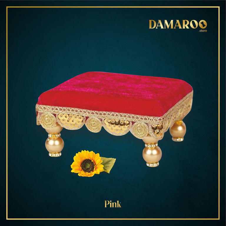 Damaroo 4x4 inch | Bhakti Bliss Small Pooja Chowki / Bajot | Velvety Round Golden Frill - Pink - 4x4x2 inch