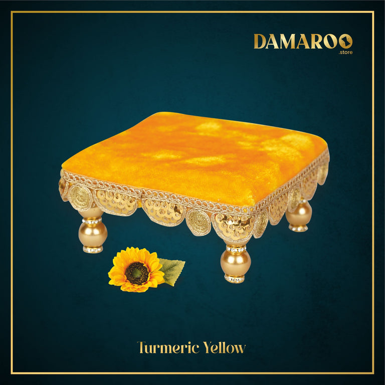Damaroo 4x4 inch | Bhakti Bliss Small Pooja Chowki / Bajot | Velvety Round Golden Frill - Turmeric Yellow - 4x4x2 inch
