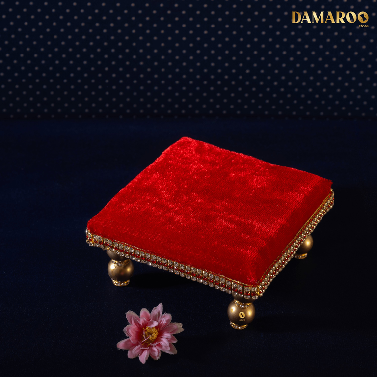 Damaroo 4x4 inch | Divine Harmony Small Pooja Chowki Deity Idol | Glitter of Glass Stones - Kumkum Red - 4x4x2 inch