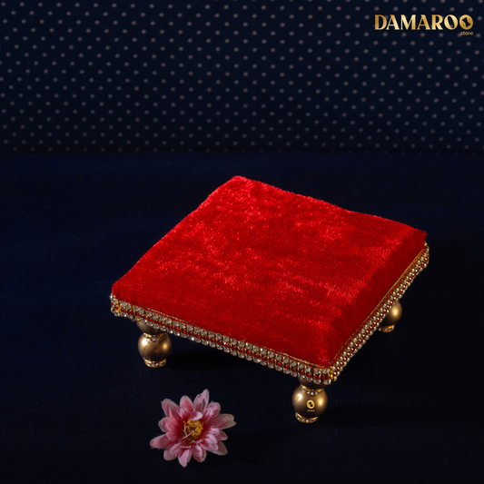Damaroo 4x4 inch | Divine Harmony Small Pooja Chowki Deity Idol | Glitter of Glass Stones - Kumkum Red - 4x4x2 inch