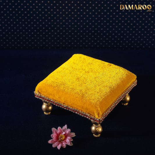 Damaroo 4x4 inch | Divine Harmony Small Pooja Chowki Deity Idol | Glitter of Glass Stones - Turmeric Yellow - 4x4x2 inch