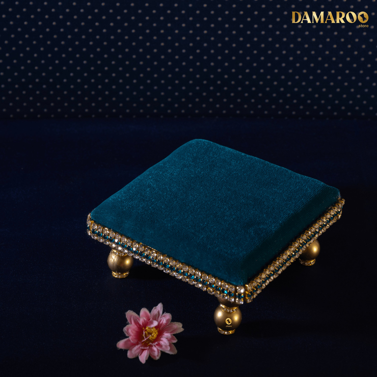 Damaroo 4x4 inch | Divine Harmony Small Pooja Chowki Deity Idol | Glitter of Glass Stones - Peacock Blue - 4x4x2 inch