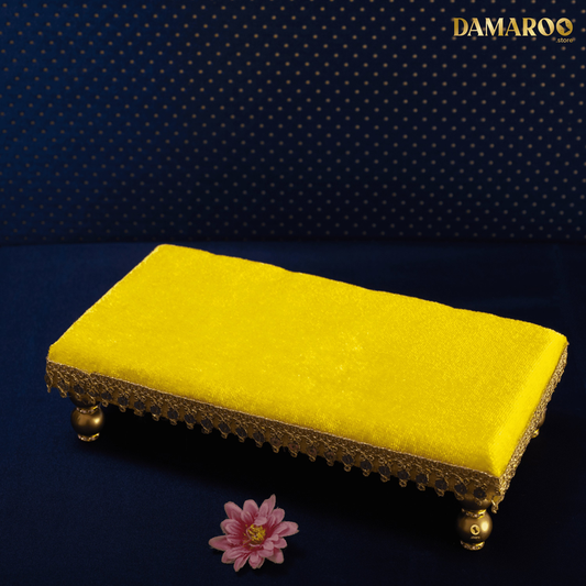 Damaroo 8x4 inch | Sacred Serenity Small Chowki / Bajot for Murti | Velvety Golden Frill - Lemon Yellow - 8x4x2 inch