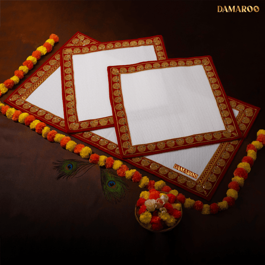 Damaroo Combo Pack of 3 | Elegant Nylon Pooja Aasan & Mat | Red Sequins Border - White - 2x2 ft & 2x4 ft