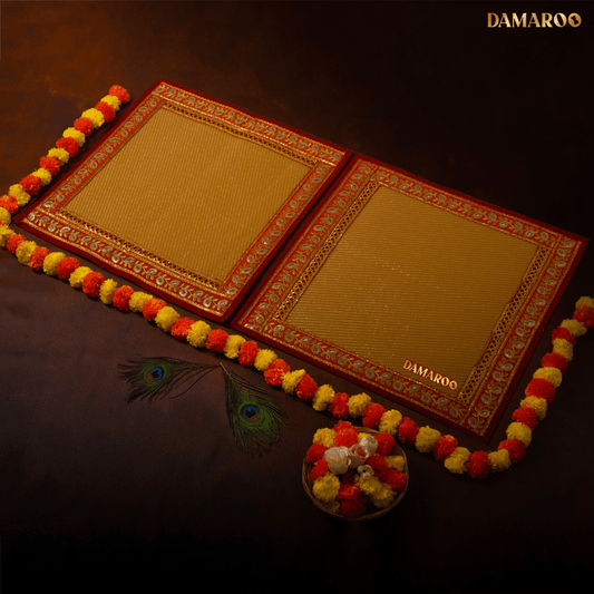 Damaroo Set of 2 | 2x2 ft | Opulent Nylon Puja Aasan Set | Orange Sequins Border - Golden Husk - 2x2 ft - 24x24 inch